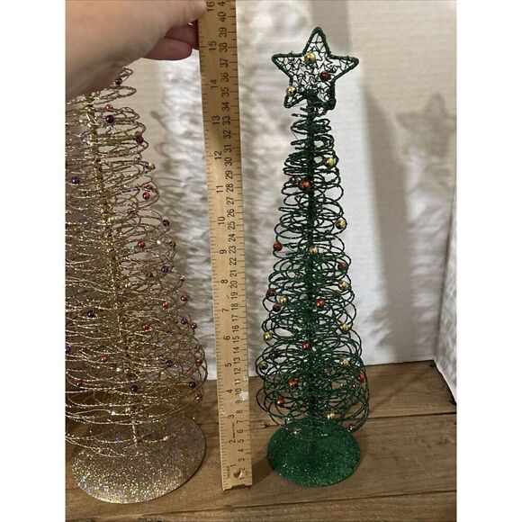 Set Of 2 Crate & Barrel Beaded Wire Glitter Christmas Trees 20” &  15” Tall - Picture 5 of 5